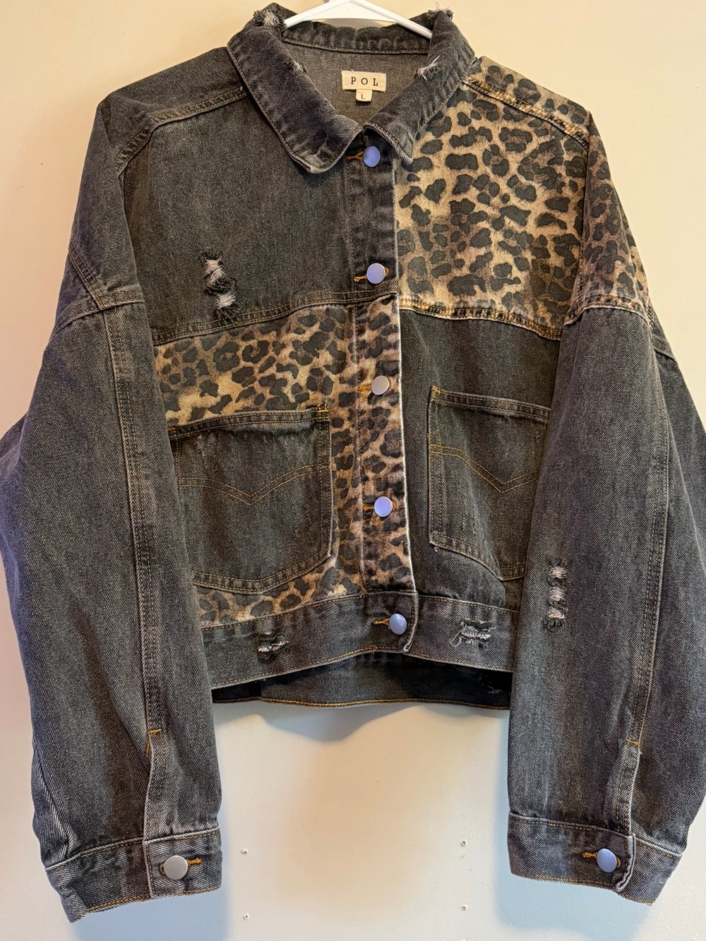 POL Clothing Washed Black & Leopard Print Patchwork Distressed Denim Jacket L